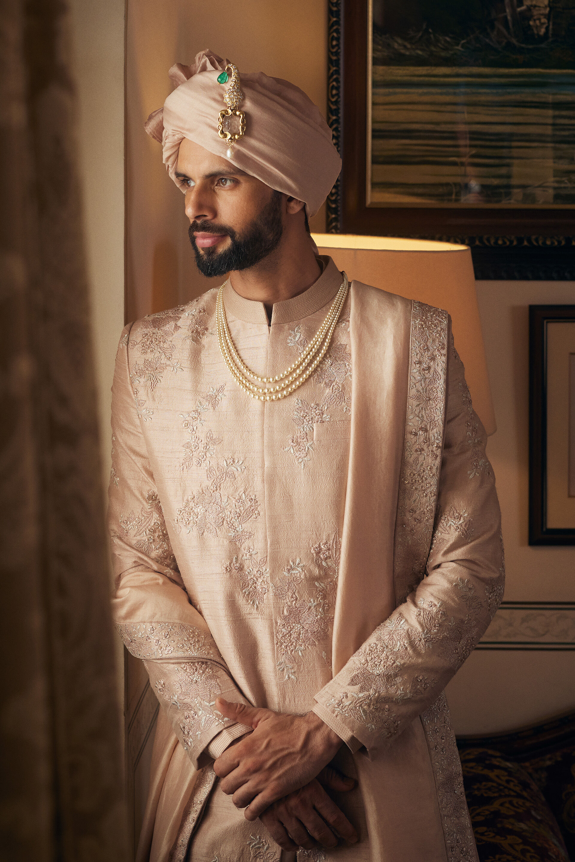Avnendra Embroidered Silk Sherwani - Champagne, Champagne, image 5